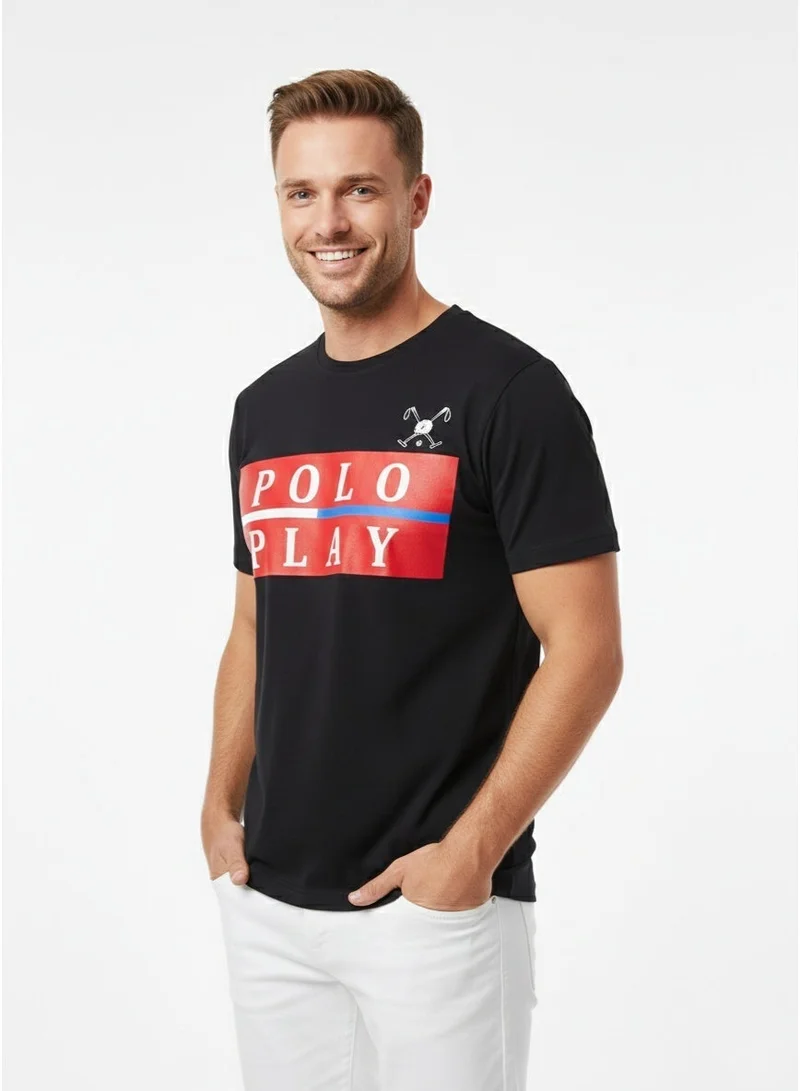 لعب البولو تيشيرت رجالي مطبوع - أسود